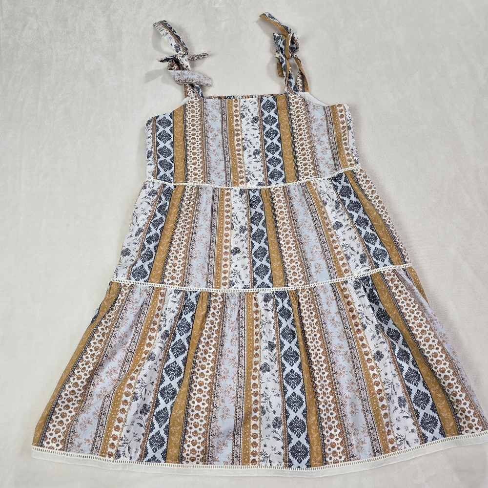 Lucky Brand Tiered Midi Dress Smocking Sundress Festival Prairie Sz L